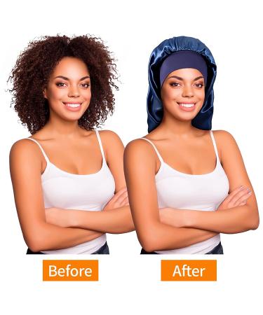LIIBOT Long Silk-Satin Bonnet for Women - 2 PCS Large Night Cap for Curly Dreadlock Braid Hair (Black & Blue) - Buy Online on GoSupps.com