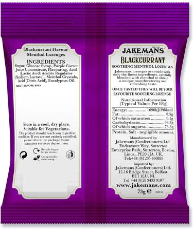 Jakemans Blackcurrant Throat and Soothing Menthol Sweets - Pack of 4X 73g | Refreshing Blend | Premium Ingredients | Free from Artificial Colour or Flavour | Includes Jaspem Greeting Card - Buy Online on GoSupps.com