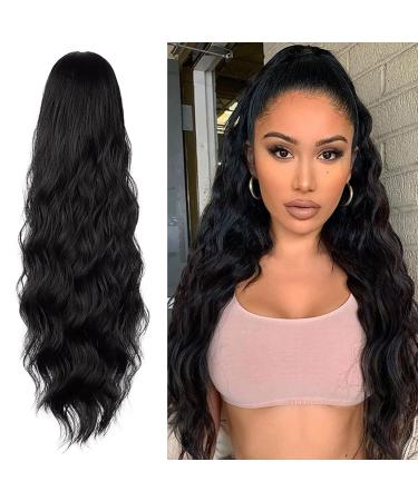 Allyreetress Drawstring Ponytail Extension Long Body Wavy Black Ponytail Extension for Women Synthetic Ponytail Hair Extension Clip in 26 Inch Fluffy Hairpiece for Daily Use (Black) 26 Inch Black