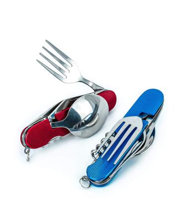 6-in-1 Multi-Function Camping Utensil Flatware Set Detachable Spoon Fork Knife Combo Mess Kit with Carrying Pouch (Blue + Red)