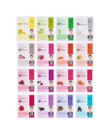 DERMAL KOREA Collagen Essence Full Face Facial Mask Sheet 16 Combo Pack B - Nature Made Freshly Korean Face Mask The Ultimate Supreme Collection for Every Skin Condition Day to Day Skin Concerns 16 B Pack