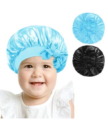 Arqumi Silk Satin Bonnet for Kids 2Pcs Soft Baby Bonnet Sleeping Cap with Elastic Strap Adjustable Night Cap Hair Bonnet for Toddler Child Teens Black&Blue One Size Black&Blue