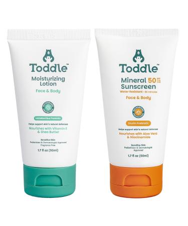 Toddle Probiotic Moisturizing Lotion for Face and Body and Prebiotic Mineral Sunscreen for Kids SPF 50 - Travel Size Bundle 1.7oz Each