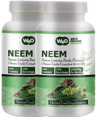 WAY 4 ORGANIC W4O Neem Triple Complex - High-Potency Azadirachta Indica Tablets Neem Leaves Bark Flowers in Ratio (80:10:10) - 300 Tablets 150 Serving 1000 Mg (Pack of 2)