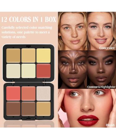 12 Colors Cream Makeup Palette for Cheeks - Blush Contour Concealer & Highlighter - Waterproof & Long-Lasting with Brush - Multi-functional Face Palette (Set #05 - Buy Online on GoSupps.com
