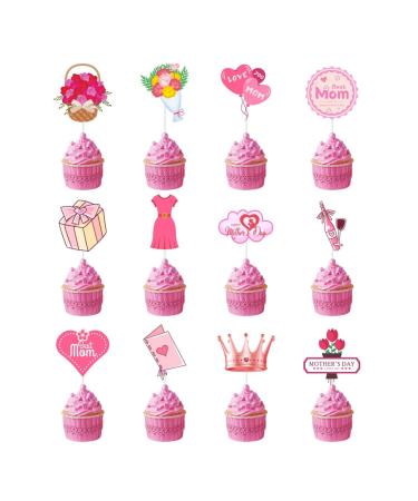 KIPETTO 24Pcs Happy Mother's Day Cupcake Toppers Best Mom Cake Topper Cupcake Picks for Mother's Day Birthday Party Decorations