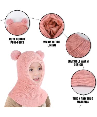 Fadcaer Kids Winter Hat Hooded Scarf Set with Double Pom Pom, Earflap Beanies Caps for 2-5 Years Old Girls Boys - Pink - Buy Online on GoSupps.com