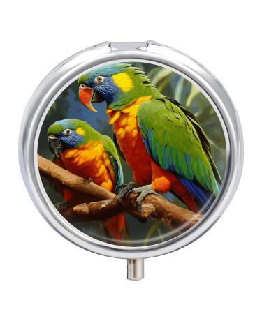 Round Pill Box Bird Parrot Painting Print 3 Compartment Medicine Pill Case Print Pill Organizer Decorative Metal Portable Pill Box Pocket Pill Box Style