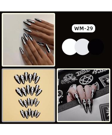 24Pcs Black White Oval False Nails - Medium Long Halloween Bone Print Design - Glue-On Acrylic Stick On Nails for Women & Girls - Buy Online on GoSupps.com