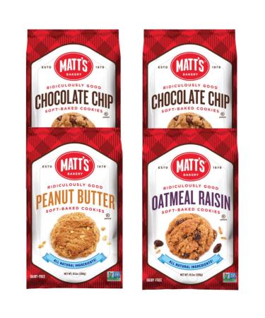 Matt's Bakery | Variety Pack Cookies (2 Chocolate Chip, 1 Peanut Butter, 1 Oatmeal Raisin) | Soft-Baked, Non-GMO, All-Natural Ingredients 4 Bags (10.5oz Each)