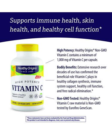 Healthy Origins Non-GMO Vitamin C 1000mg - Vegan Immune Support & Cell Function - 360 Veggie Capsules - Buy Online on GoSupps.com