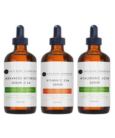 Anti Aging Serum Combo Pack by Kate Blanc - 98% Natural, 72% Organic. Vitamin C Serum 20%, Hyaluronic Acid Serum, and Retinol Serum for Face. Anti Wrinkle Serums & Dark Spot Corrector for Face