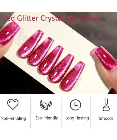 Jelly Cat Eye Gel Nail Polish Rose Red Glitter Crystal Gel Polish Shiny Magnetic Nail Polish Soak Off UV/LED Sparkle Red Wine Holographic Cat Eye Gel Polish for Nail Art Salon DIY at Home - Buy Online on GoSupps.com
