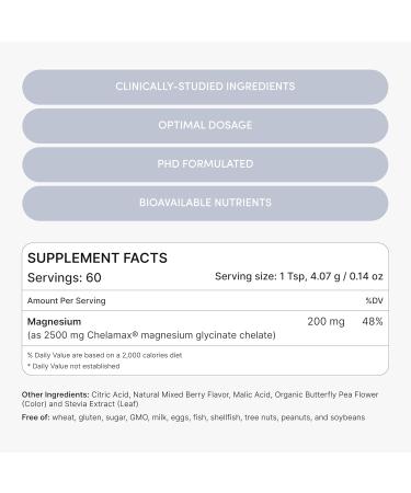 Magnesium Glycinate Powder 200mg | High Absorption Chelated Bisglycinate with Organic Butterfly Pea Flower | Supports Stress Relief Calm & Sleep | 8.6 oz 60 Servings - Buy Online on GoSupps.com