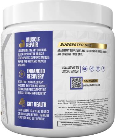 Alpha Supps Pure L-Glutamine Powder - Unflavored Amino Acid Glutamine Nutritional Supplement for Muscle Recovery Gut & Immune Support - 60 Servings - 300 Grams - Buy Online on GoSupps.com