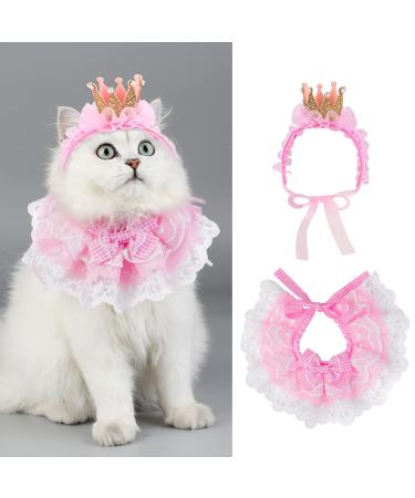 Legendog Cat Bandana for Cats, Princess Cat Costumes for Cats, Cute Lace Dog Bandanas and Cat Crown Accessories for Cats Small Dogs, Pink Outfit for Birthday Party (B-Pink)