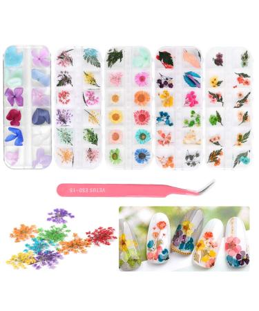 Jaomon 4 Box Nail Art Sticker Nail Art Sticker Real Dried Flowers Manicure DIY Design 12 Color 3d Natural Nail Dry Flower 3D Nail Sticker (with pink tweezers)