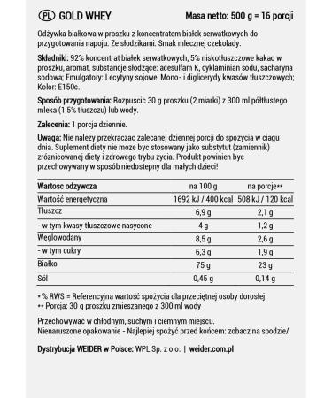 Weider Gold Whey Protein Powder - Milk Chocolate Low Carb & Fat High Protein for Muscle Gain - 500g Bag - Buy Online on GoSupps.com