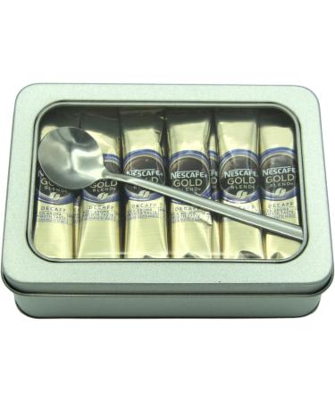 Nescafe Gold Blend Decaf Coffee Sachets Individually Wrapped 30 x 1.8g Bundle with Refillable Silver Window Lid Tin and Latte Spoon Set - For Home Desk or Travel - Buy Online on GoSupps.com