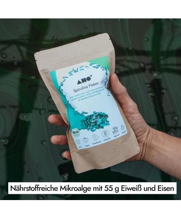 AHO Spirulina Flakes from organic farming in Germany - Organic spirulina rich in protein from Germany - Source of chlorophyll in smoothies as well as salads - Buy Online on GoSupps.com