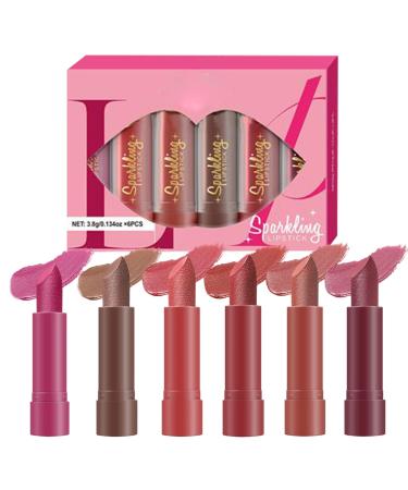 JINGLING JINGLING Glitter Lipstick Nourishing Glossy Lip Care Travel-Friendly Outdoor Party Stick - Pack of 6 Waterproof Sticks