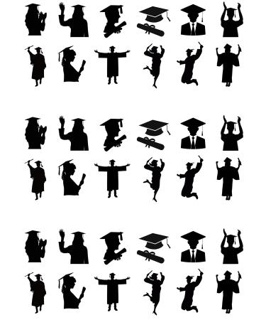 36 Stand Up Silhouette Graduation Themed Edible Wafer Paper Cake Toppers Decorations