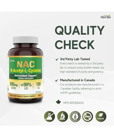 Herba NAC Supplement 600mg 180 Vegetable Capsules | N-Acetyl-L-Cysteine | NAC Supplement 600 mg for Antioxidant | Premium & Pure | Product of Canada | 180 Capsules - Buy Online on GoSupps.com