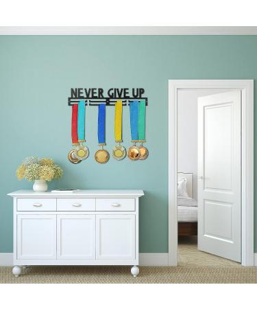 Yerliker Never Give Up Medal Holder - 16 Metal Hanger for Over 50 Medals - Easy to Install Sports Award Display for Runners, Gymnasts, Soccer Players - Wall Mount Ribbon Rack - Buy Online on GoSupps.com