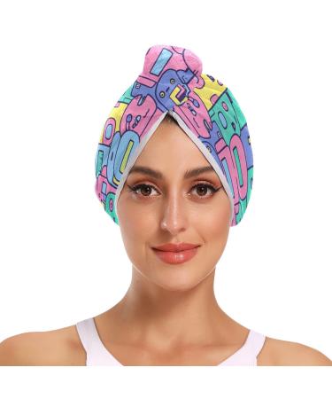 Abstract Colorful Robots Hair Towel 2 Pack Super Absorbent Hair Drying Towel Quick Dry Hair Turbans Head Towel with Button Twisty Wrap for Women Girls