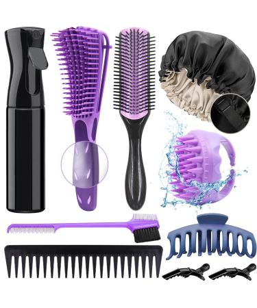 10Pcs Detangling Brush for Black Natural Hair, Curly Hair Brush Set with Sleep Bonnet for Afro America/African Hair 3a to 4c Texture, Detangling Brush Set Easier and Faster Detangling on Wash Days Purple-10 piece set
