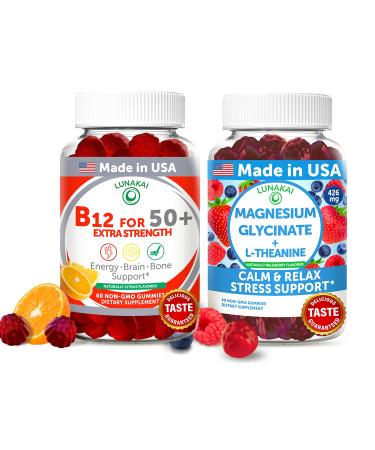 Lunakai USA Made Vitamin B12 for Adults 50+ & Magnesium Glycinate Gummies Bundle Supports Energy Mood Relaxation & Stress Relief Non-GMO Vegan 60ct Each
