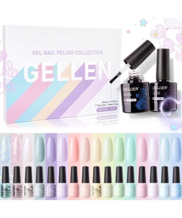 Gellen Gel Nail Polish Kit- 16 Colors With Top&Base Coats  Popular Girly Macaron Tones Fresh Pastels Nail Gel Polish Glitter Colors Set