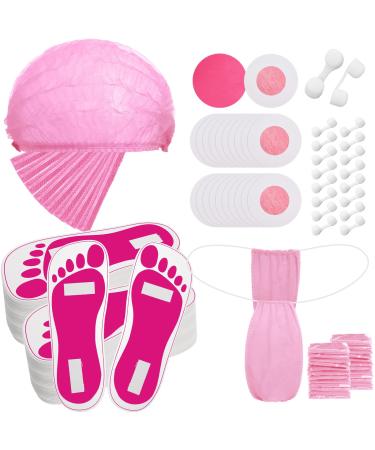 Chicingyou 125 Pcs Spray Tan Tanning Essentials Accessories Kit 25 Set Disposable Caps Underwear Feet Pads Nipple Cover Nose Filter Plugs for Beauty Salons Home Sunless Tanning (Pink)
