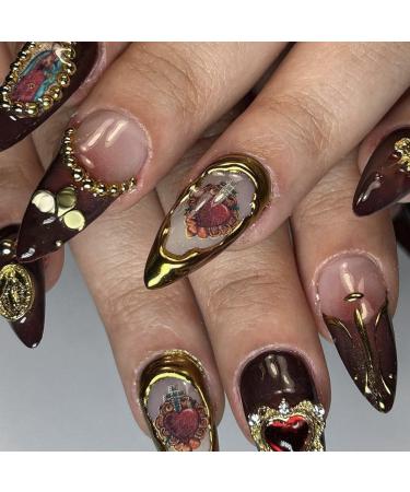 Buy BABALAL Almond Press on Nails - Medium Brown Fall Acrylic Nails with Golden Chrome Baroque Art & 3D Heart Charm | Stiletto Glue-on Nails for Stunning Manicure - Buy Online on GoSupps.com