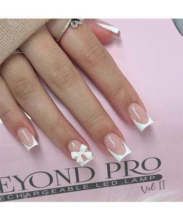 24PCS French Tip Press on Nails Short Square Fake Nails with Bow Design Nude Stick on Nails Glossy Reusable Full Cover False Nails Bow-tie Acrylic Glue on Nails for Women Girls Acrylic Manicure Salon bow-1