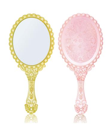 Lystaii 2pcs Handheld Mirror Vintage Hand Travel Purse Mirrors with Handle Portable Embossed Flower Hand Held Decorative Mirrors Compact Packet Mini Mirror for Girls Face Makeup Cosmetic Salon