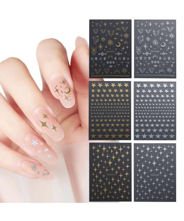 6 Sheets Star Nail Stickers for Nail Art 3D Self-Adhesive Metallic Stars Moon Sun Nail Decals Glitter Gold Silver Nail Art Stickers Decoration Designer Nail Stickers Art Supplies Accessories
