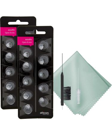 Oticon Minifit Open 8mm Dome Piece Bundled with Puget SoundLabs Hearing Aid Cleaning Brush, Vent Cleaning Tool, and Microfiber Cleaning Cloth (2 Packs) (20 Domes)
