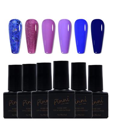 6 Colors Blue Purple Series Gel Nail Polish Kit-Glitter Sparkle Purple Diamond Blue Navy Blue Sapphire Blue- Soak-Off UV/LED Nail Polish Gel for Home Salon DIY Nail Art 5ML