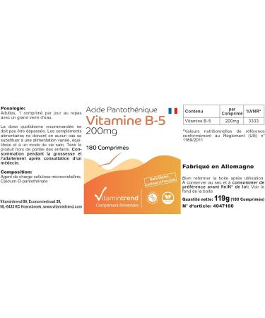 Vitamine B5 Acide Pantoth nique 200mg - V gan - Boite de 180 comprim s - ! POUR 6 MOIS ! | Vitamintrend  - Buy Online on GoSupps.com