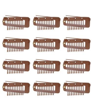 12pcs Wig Clip with Safety Pins 10-Teeth Hair Extension Snap Clips Invisible Strong Wig Combs to Secure Wig No Sew Chunni Grip Dupatta Clips for Girls Women Wig Headscarf Hijab & Tikka(Brown)