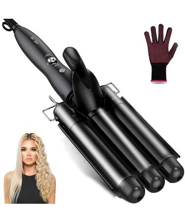 Hair Waver, 3 Barrel Curling Iron Wand 25mm Crimper Hair Iron 3 Barrel Hair Crimper Temperature Adjustable Heat Up Quickly Beach Waves Curling Iron Black