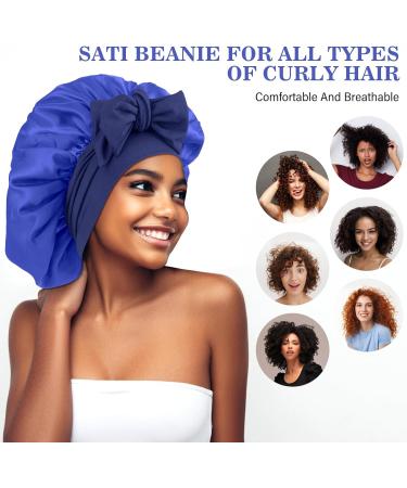 Abeillo Silk Sleep Bonnet for Women - Dark Blue Satin Night Cap for Curly Hair - Adjustable and Soft Elastic Band - Buy Online on GoSupps.com