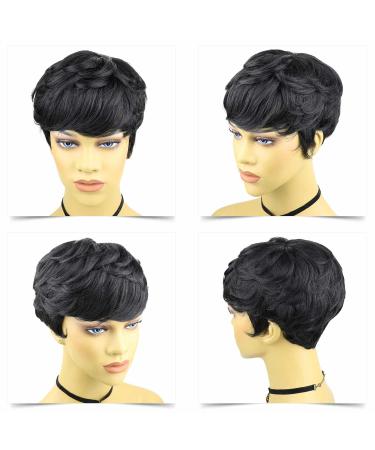 Rofa Human Hair Pixie Cut Curly Wig for Black Women - Short Black Wavy Pixie with Bangs - Buy Online on GoSupps.com