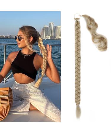FENTISAR Long DIY Braided Ponytail Extension  34Inch Blonde Ponytail Extension with Hair Tie Straight Wrap Around Hair Extensions Ponytail Natural Soft Synthetic Hair Piece for Women Daily Wear 34 Inch Blonde