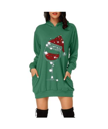 Christmas dress for ladies bag Christmas elk hood hoodie costume cartoon dress Christmas dress oversize long -arm hooded sweaters sweatshirts dress autumn winter green l