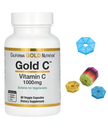 Gold C USP Grade Vitamin C Compatible With California Gold Nutrition 1 000 mg 60 Capsules + Bonus Pill Organizer Weekly Pill Organizer Mini