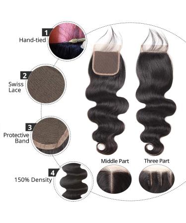 Arenshxc 4x4 Lace Closure Body Wave - 20 Real Human Hair Natural Black Grade 9A for Women | Swiss Lace Free Part - Buy Online on GoSupps.com