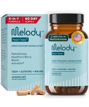 Melody Heart Tune 4-in-1 Blood Pressure Support Supplements 2 Month Supply 2 400 FU Nattokinase Reishi Mushroom & Hawthorn Dr. Formulated for Vascular Circulation & Flow 60 Vegan Capsules