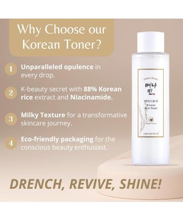 Venamine Korean Rice Toner - 88% Rice Extract & Niacinamide for Glowing Skin | Vegan K-Beauty Skincare 6.76 Fl Oz - Buy Online on GoSupps.com